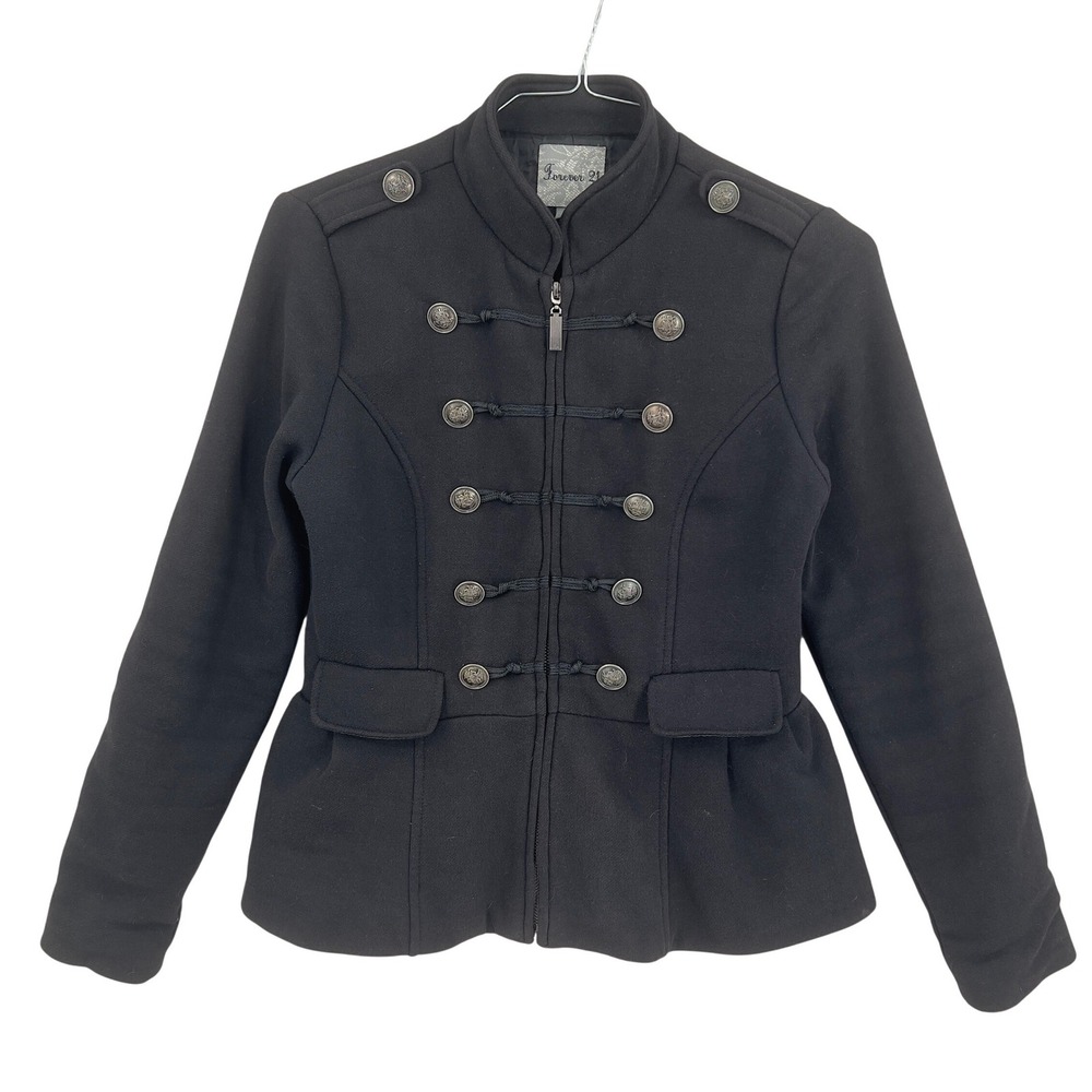 Forever 21 Womens Military Band Peplum Black Jacket Buttons Zip Sgt. Pepper M